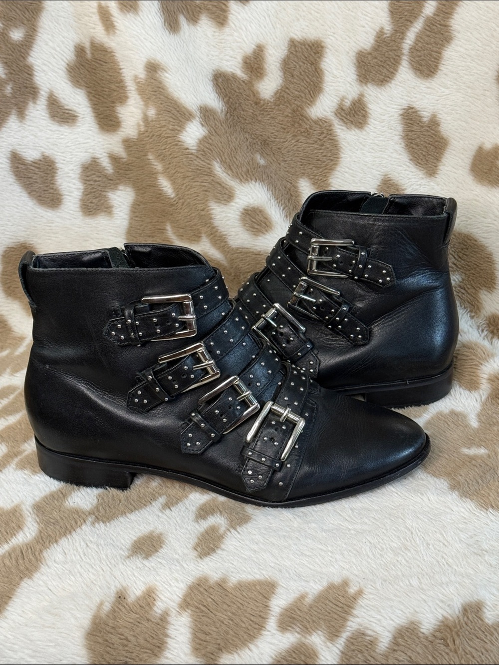 Rebecca Minkoff Black Studded Buckle Leather Ankle Boots